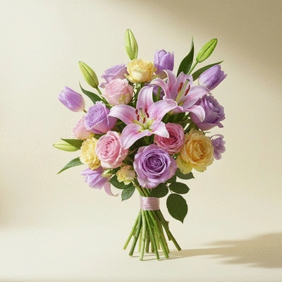 Close-up of a vibrant bouquet featuring a mix of roses, tulips, and lilies in soft pastel colors, on a light background