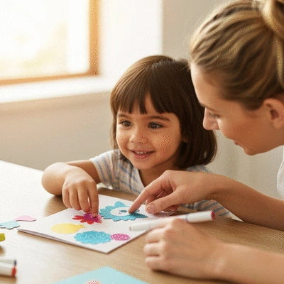 Mother and child crafting a Mother's Day card together, seen from above