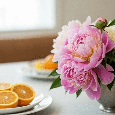 Close-up of a beautiful floral arrangement with peonies and citrus on a brunch table