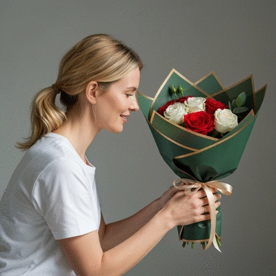 Mother receiving a beautifully wrapped gift bundle with flowers