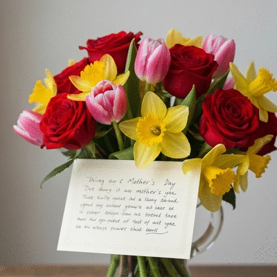Beautiful bouquet of Mother's Day flowers with a handwritten card