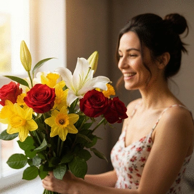 Beautiful bouquet of fresh flowers being delivered to a smiling mother on Mother's Day, vibrant colors, soft focus background, no text, no words, no typography, 8K