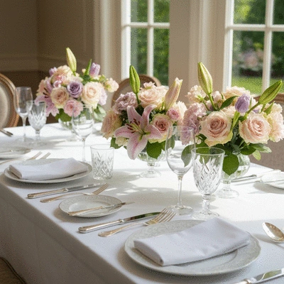 Elegant Mother's Day brunch table with fresh floral centerpieces and natural lighting
