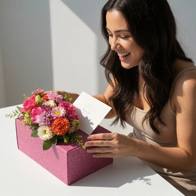 Woman happily unwrapping a personalized gift box with flowers and a card, bright natural light, lifestyle product photography