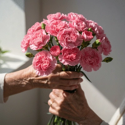 Beautiful bouquet of pink carnations, representing a mother's love and purity, held gently by hands