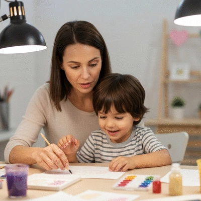 Mother and child enjoying a local Mother's Day workshop, soft lighting, creative activity