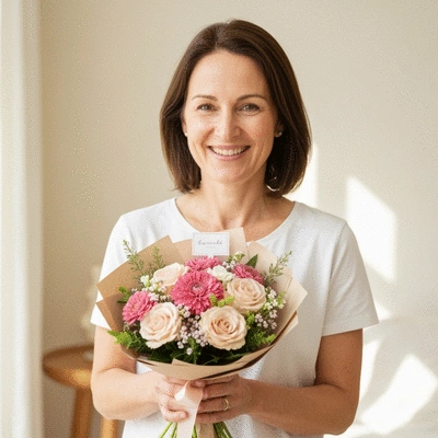 Mother holding a personalized flower bouquet, smiling, with soft natural light