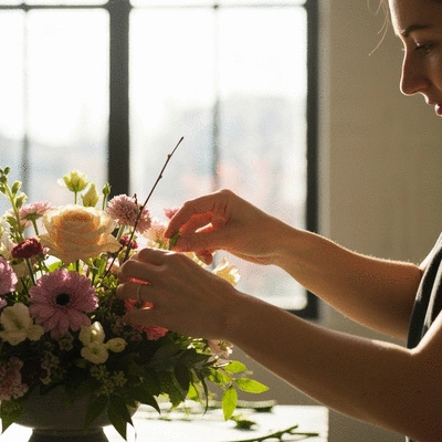 Elegant floral arrangement being carefully arranged by a florist, natural light