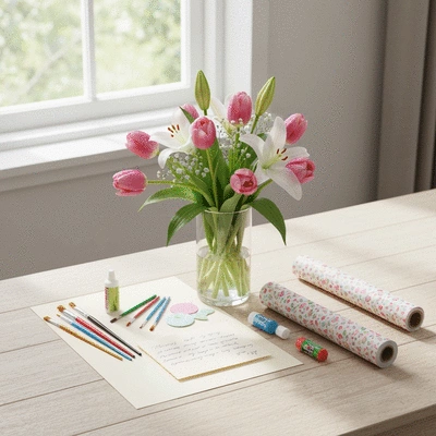 Beautifully arranged DIY Mother's Day gift kit with fresh flowers, craft supplies, and a handwritten note, on a light wooden table, bright and airy, no text, no words, no typography, 8K, clean image