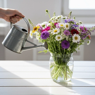 Close-up of a hand holding a watering can, watering a fresh bouquet of flowers in a vase on a light wooden table, bright and clean, no text, no words, no typography, 8K