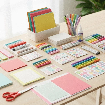 Hands crafting a DIY Mother's Day card with colorful paper and tools