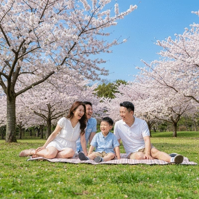 Family having a picnic in a beautiful park with blooming trees