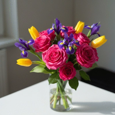 Beautiful bouquet of Mother's Day flowers with various colors and types, elegantly arranged in a vase on a light background.