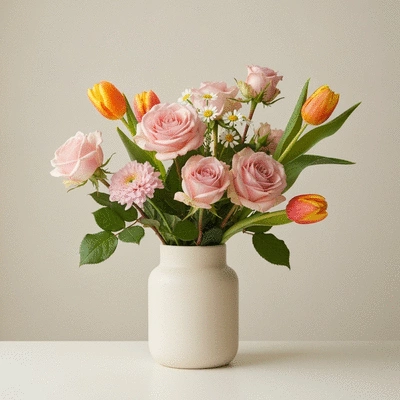 Beautiful bouquet of mixed flowers like roses, tulips, and daisies, artfully arranged, in natural light, no text, no words, no typography, 8K